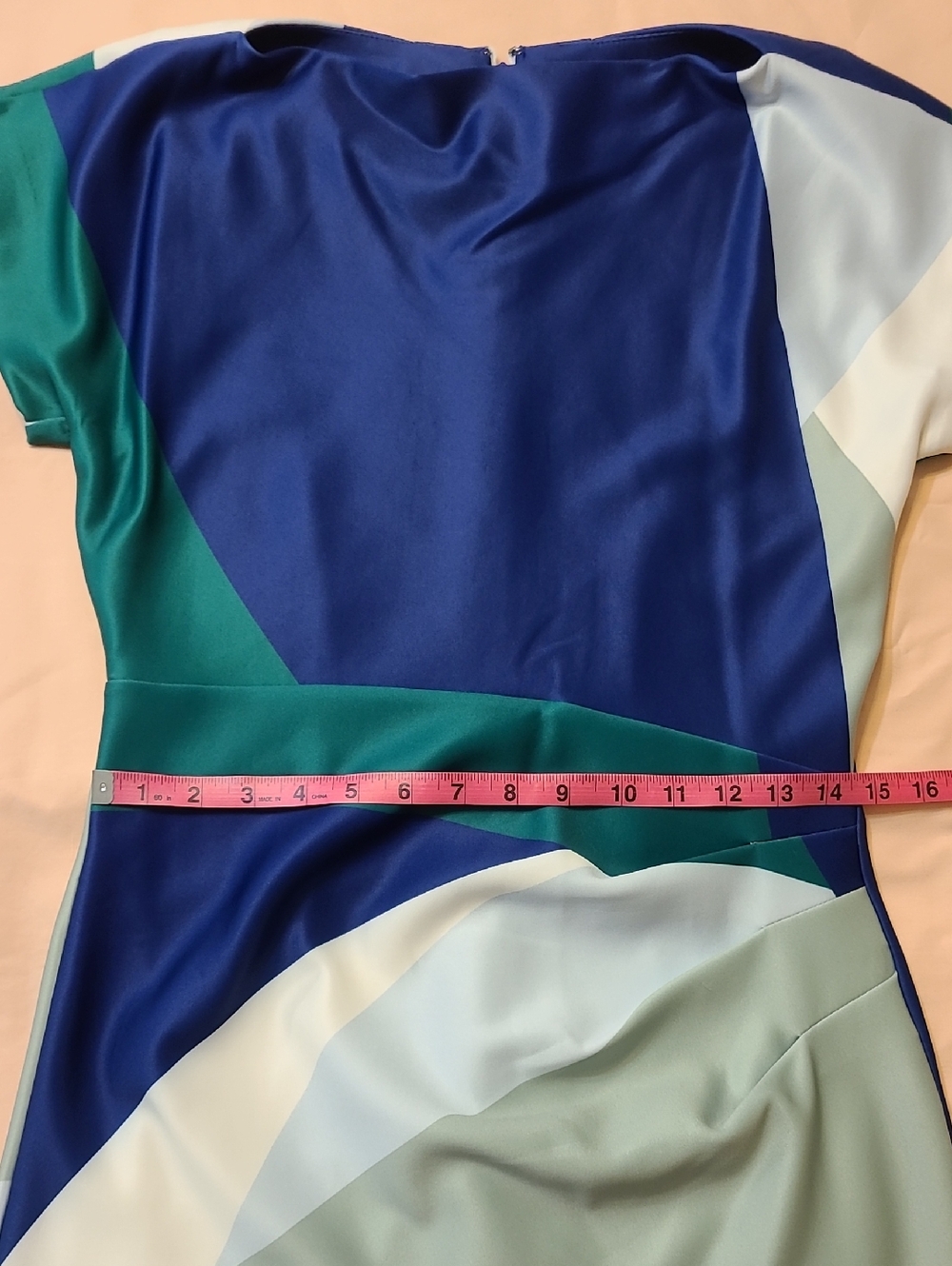 Donna Karan Blue Green Cream Abstract Print Short Sleeve Boat Neck Midi Dress - Picture 15 of 16